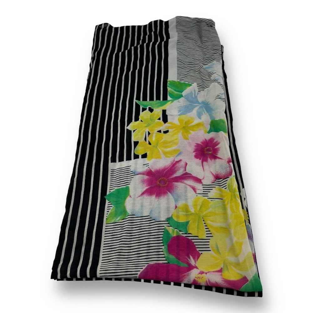 Vintage Anna Club by La Perla Silk Black & White Stripe w/ Floral Large‎ Scarf